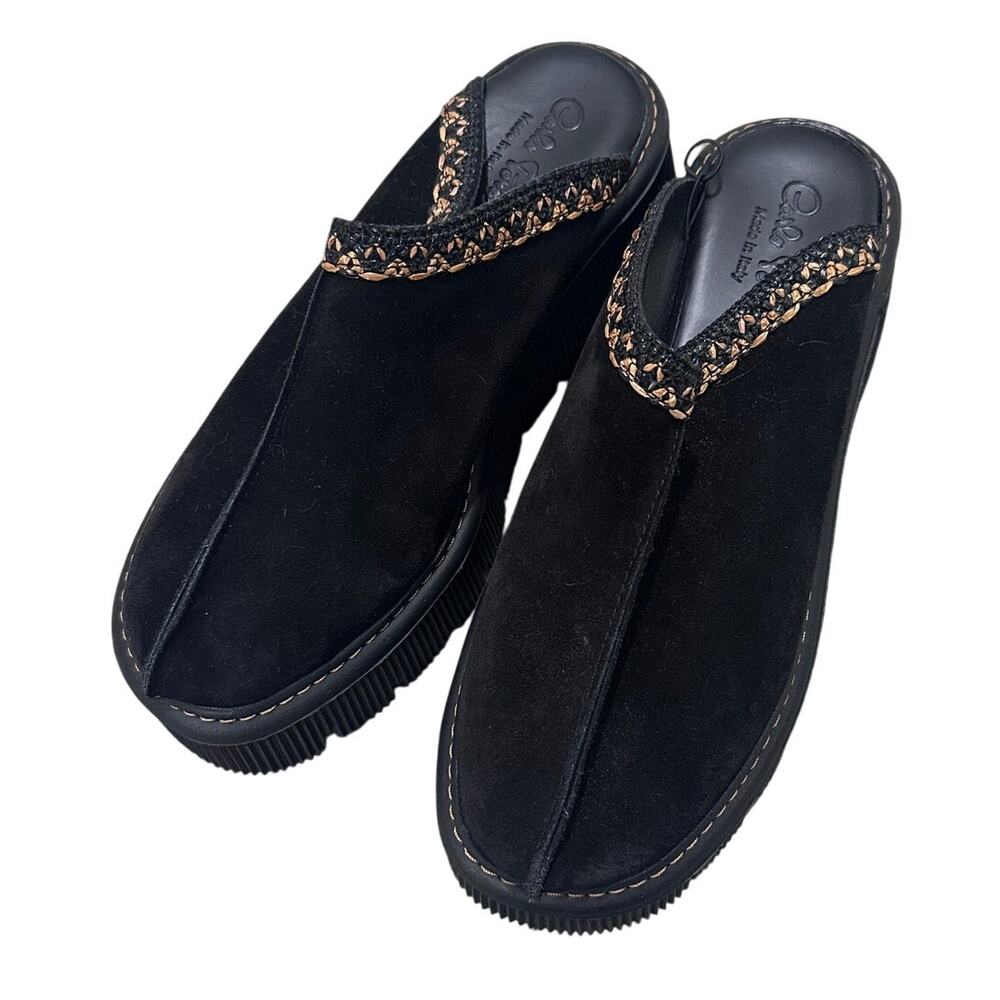 Platform Wedge Clogs Made in Italy Carlo Pera Black Suede Boho Chic Retro, 9.5